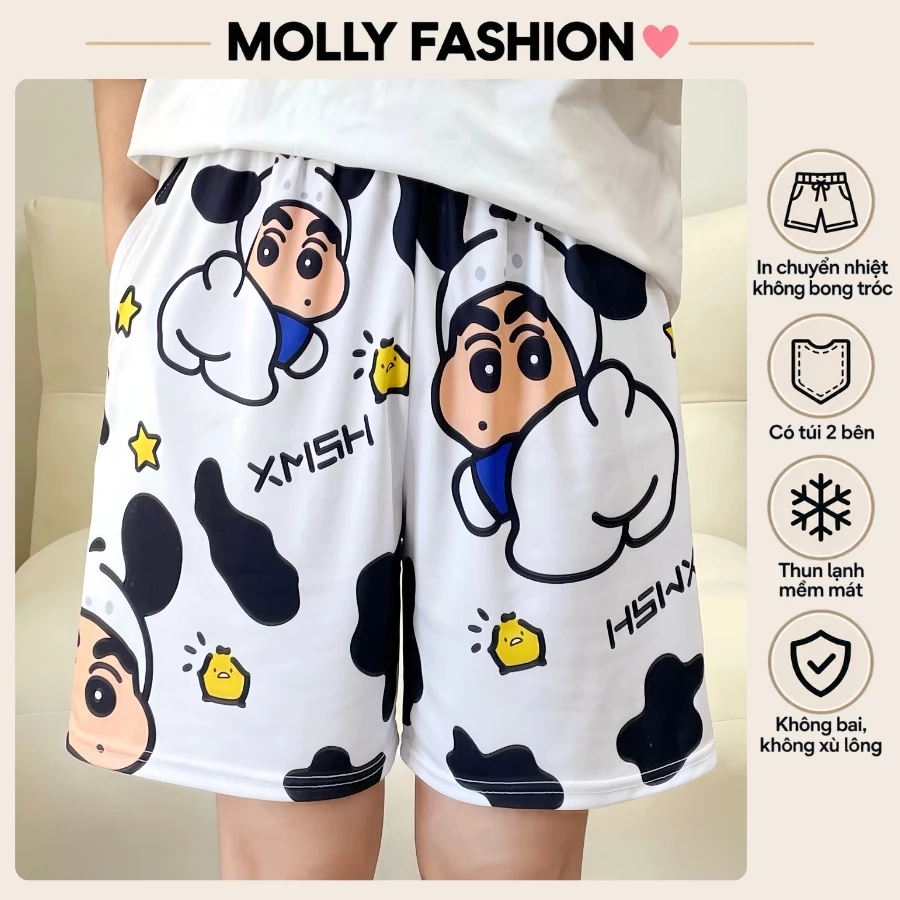 Quần đùi nam nữ MOLLY FASHION thun lạnh Bigsize, quần short Unisex hoạt hình đi biển BÒ SỮA