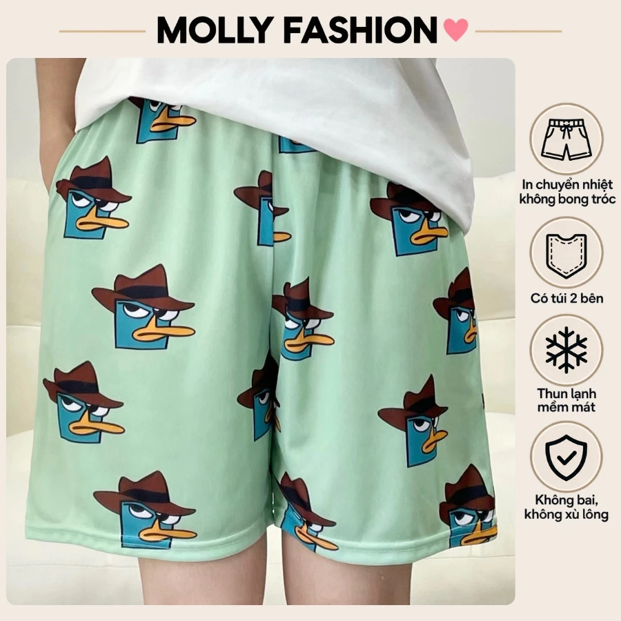 Quần đùi nam nữ MOLLY FASHION thun lạnh Bigsize, quần short Unisex mặc nhà hoạt hình PERRY