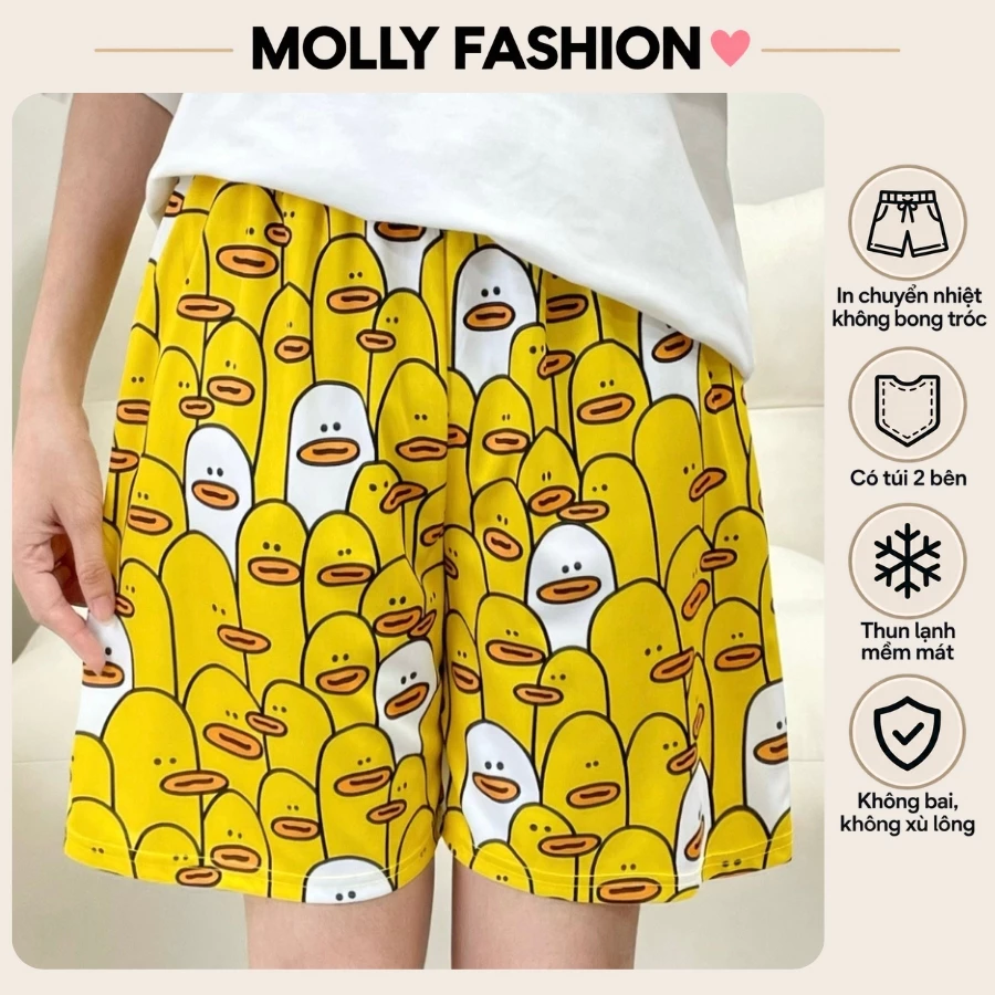 Quần đùi nam nữ MOLLY FASHION thun lạnh Bigsize, quần short Unisex hoạt hình mặc nhà DUCKS