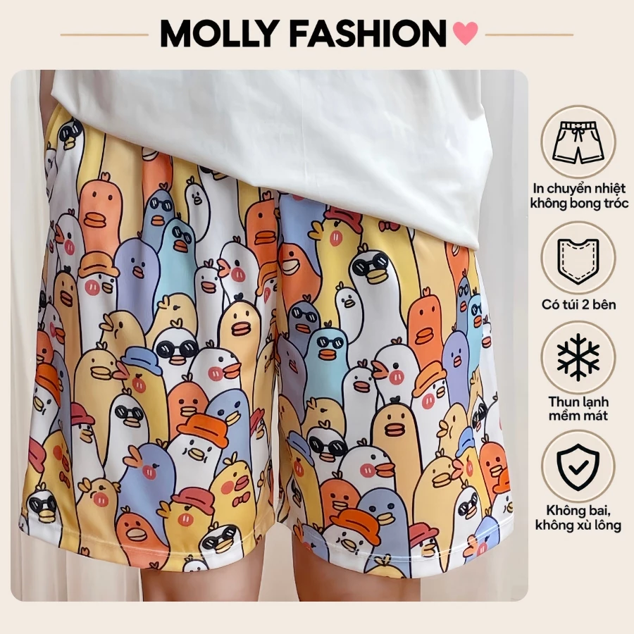 Quần đùi nam nữ MOLLY FASHION thun lạnh Bigsize, quần short Unisex hoạt hình CHICKEN