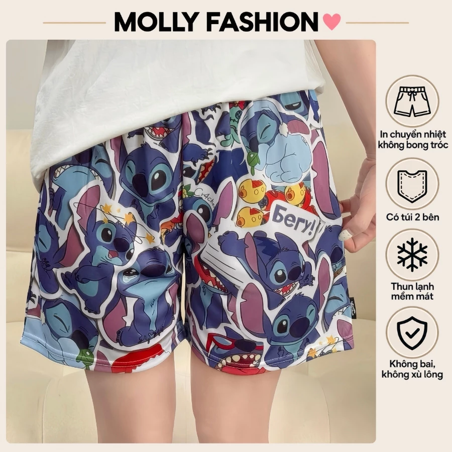 Quần đùi nam nữ MOLLY FASHION thun lạnh Bigsize, quần short mặc nhà hoạt hình đi biển STITC