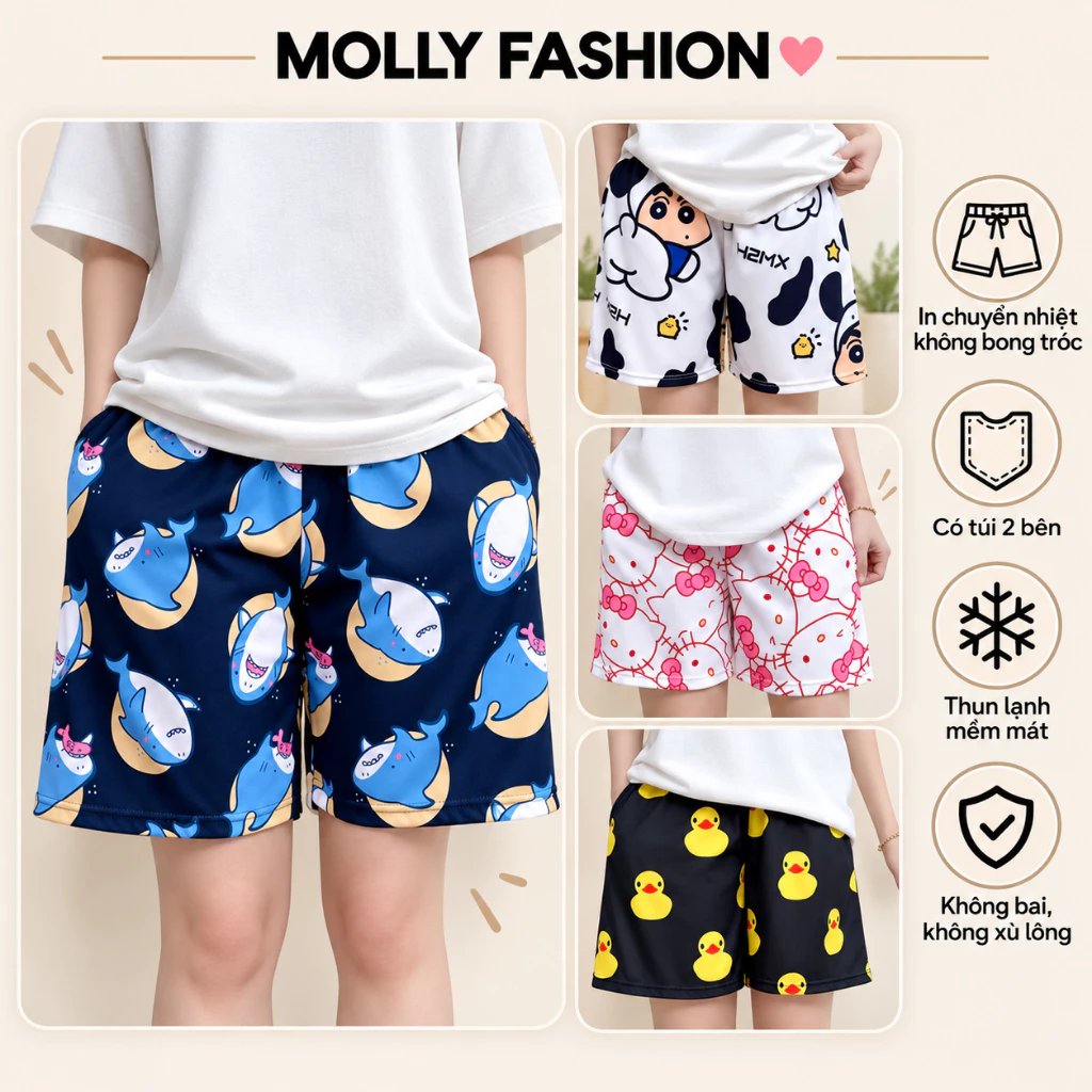 Quần đùi nam nữ MOLLY FASHION thun lạnh Bigsize, quần short Unisex mặc nhà hoạt hình BST07