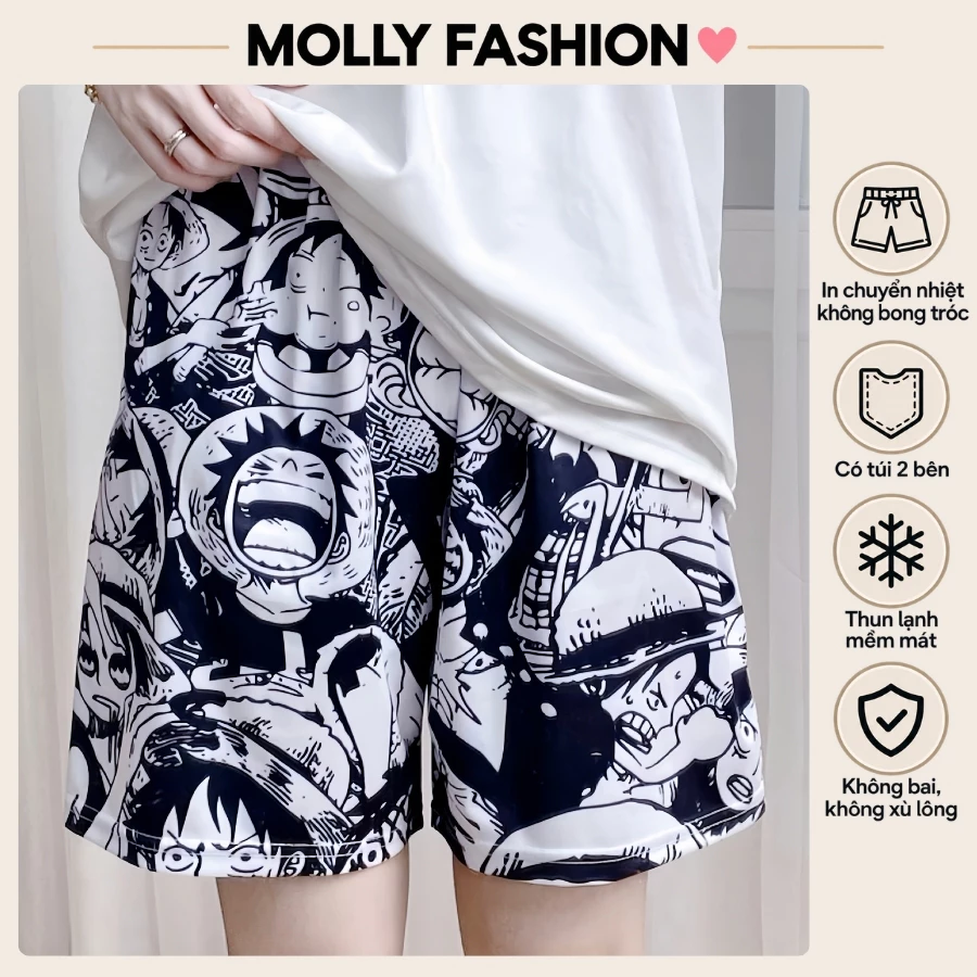 Quần đùi nam nữ MOLLY FASHION thun lạnh Bigsize, quần short Unisex hoạt hình mặc nhà LUFFY