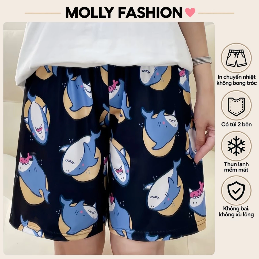 Quần đùi nam nữ MOLLY FASHION thun lạnh Bigsize, quần short Unisex hoạt hình đi biển CÁ MẬP