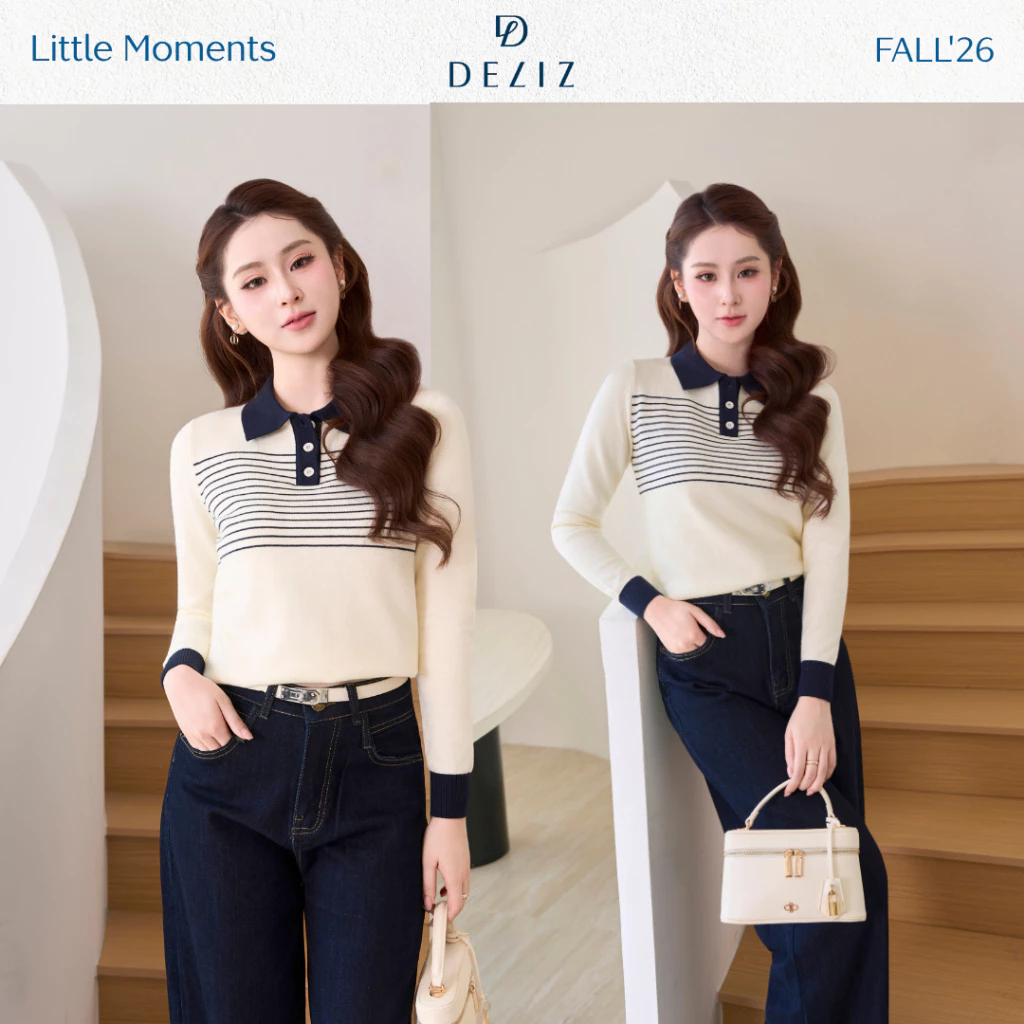 BST MỚI DELIZ - Áo len nữ cổ bẻ dài tay phối màu họa tiết kẻ ngang, áo len dệt kim dáng gọn basic dễ phối đồ AL80