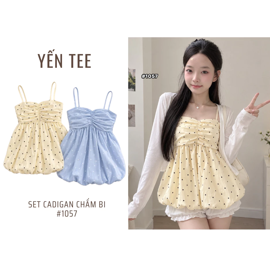 Set áo cadigan mỏng kèm áo hai dây chấm bi gió mềm, co giãn, thoáng mát, tiểu thư dễ phối đồ Yến Tee #1057