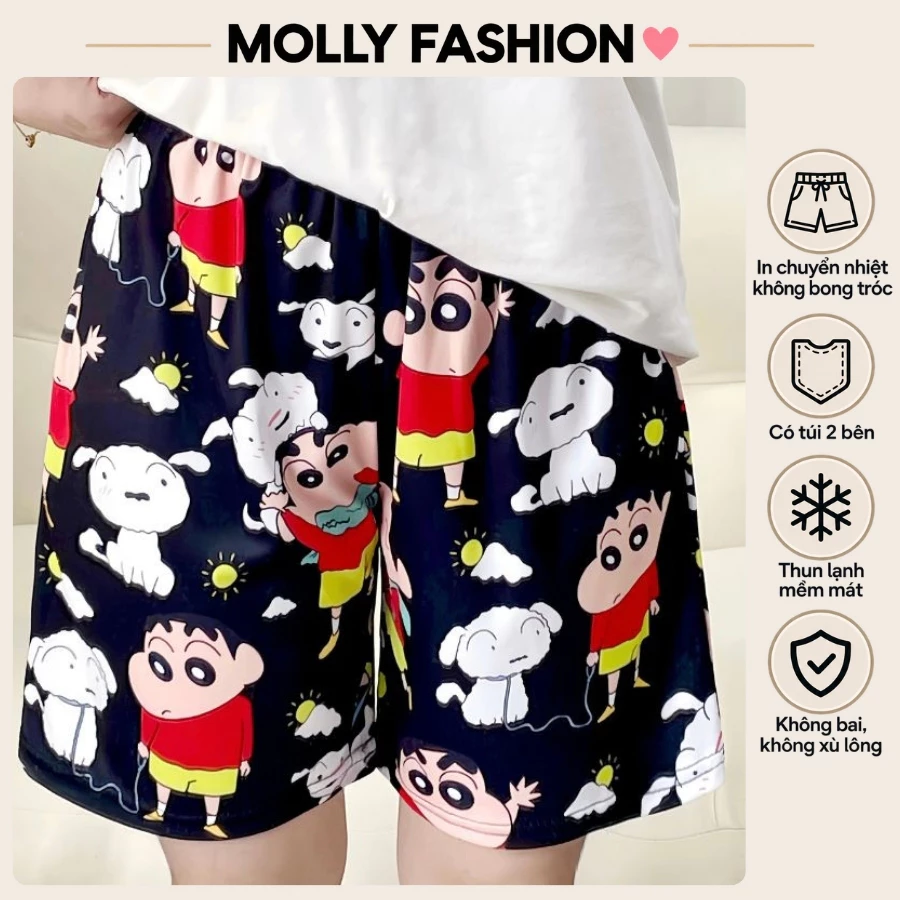 Quần đùi nam nữ MOLLY FASHION thun lạnh Bigsize, quần short mặc nhà hoạt hình SHIN ĐI CHƠI