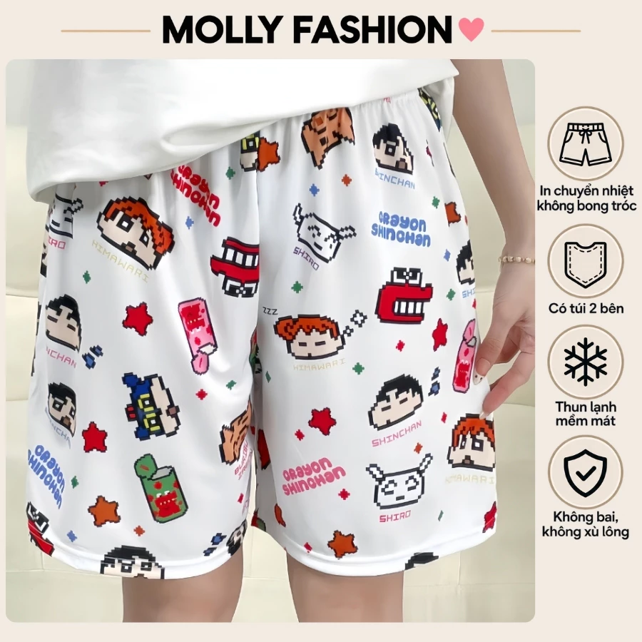 Quần đùi nam nữ MOLLY FASHION thun lạnh Bigsize, quần short mặc nhà hoạt hình đi biển SHIN