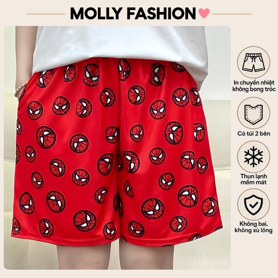 Quần đùi nam nữ MOLLY FASHION thun lạnh Bigsize, quần short hoạt hình nhóm đi biển SPIDER