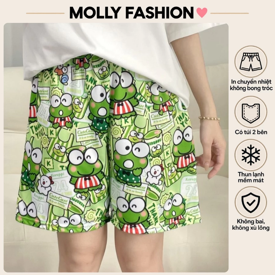 Quần đùi nam nữ MOLLY FASHION thun lạnh Bigsize, quần short mặc nhà hoạt hình KEROPPI