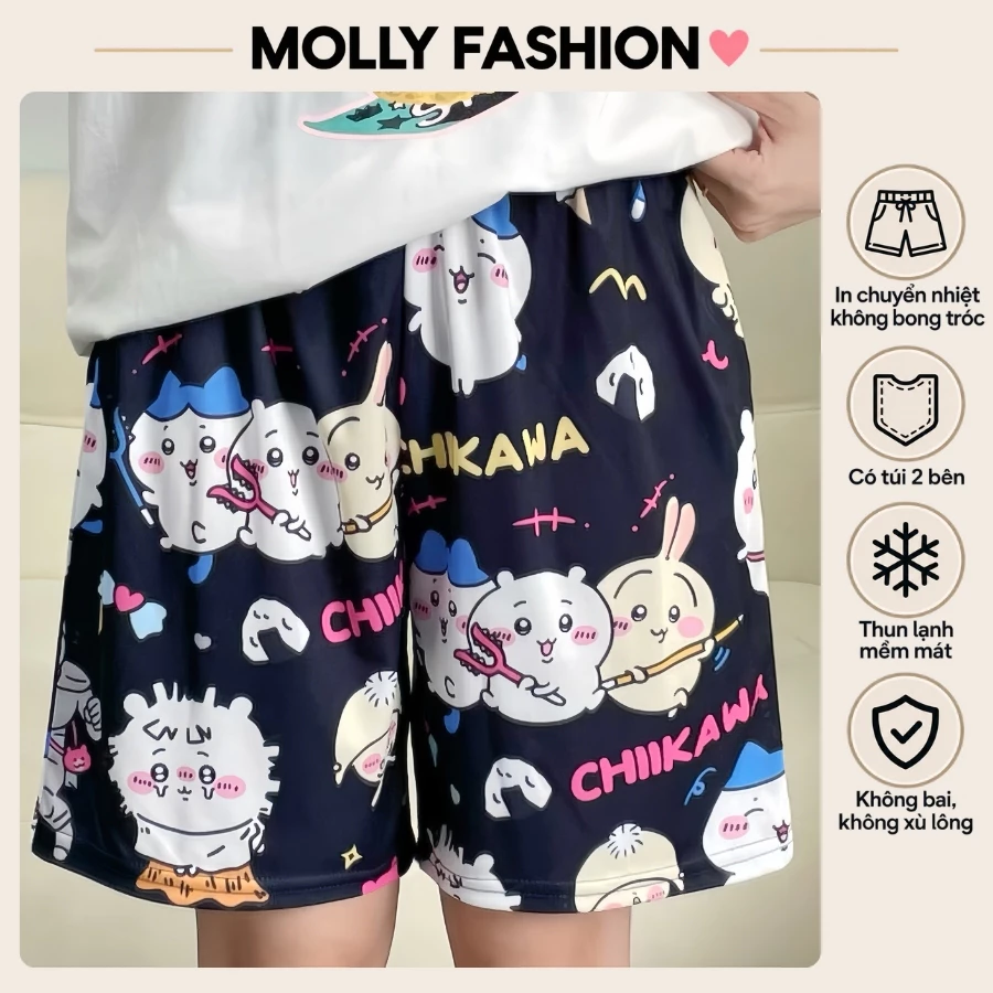 Quần đùi nam nữ MOLLY FASHION thun lạnh Bigsize, quần short hoạt hình nhóm đi biển CHIKAWA