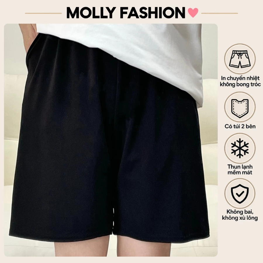 Quần đùi nam nữ MOLLY FASHION thun lạnh Bigsize, quần short hoạt hình đi biển ĐEN TRƠN