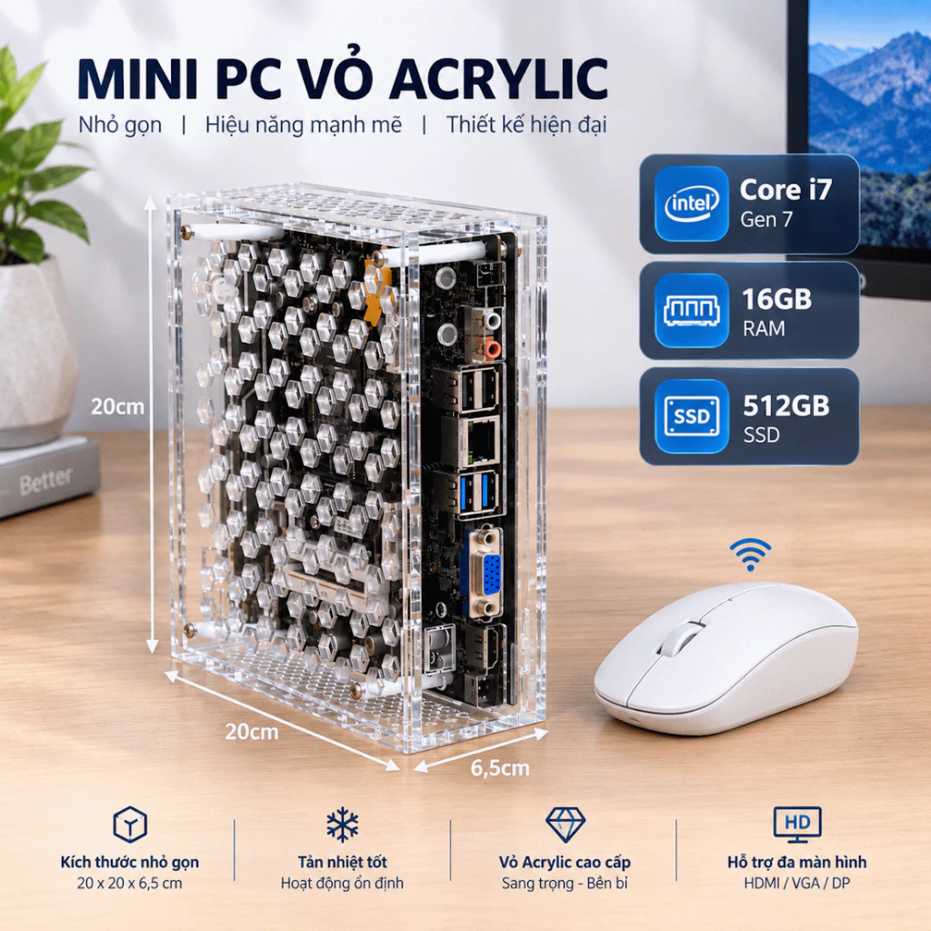 Máy Tính Mini PC Trong Suốt hỗ tợ i5 / i7 Gen 6 | RAM 16GB SSD 512GB | NEW - BH 12 tháng.