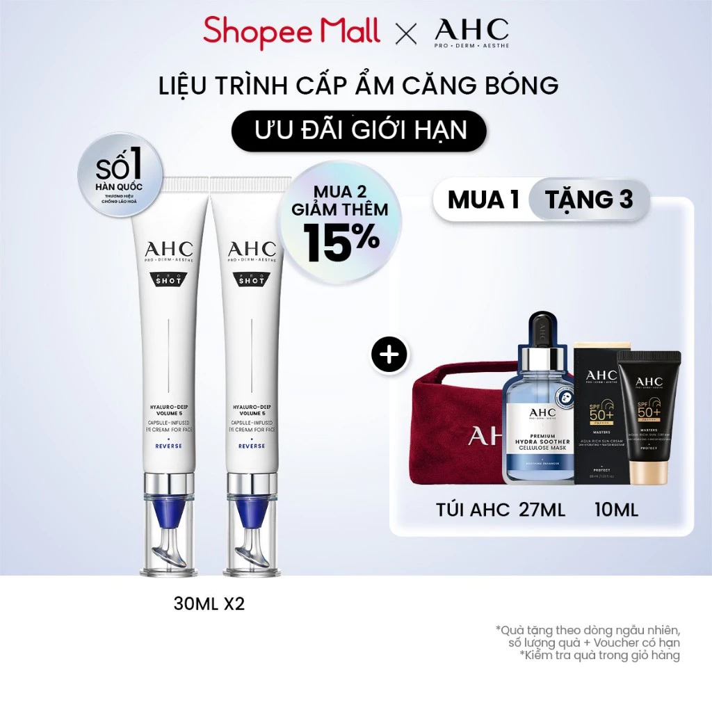 Combo 2 kem mắt cấp ẩm căng bóng mờ nếp nhăn PROSHOT HYALURO-DEEP VOLUME AHC ( 30ML x 2)