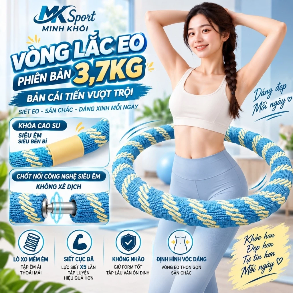 [3.7Kg] Loại Vip Khóa cao Su, Chốt Nối Công Nghệ Siêu Âm Không Xê Dịch, Vòng Lắc Eo Giảm Mỡ Bụng Cao Cấp