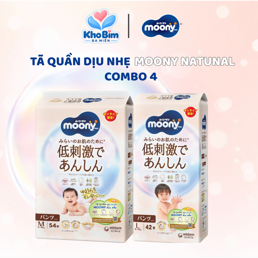 Bỉm quần Moony - Natural Dịu Nhẹ - Size M46+8/L36+6/XL32+6 - Siêu Khô Thoáng