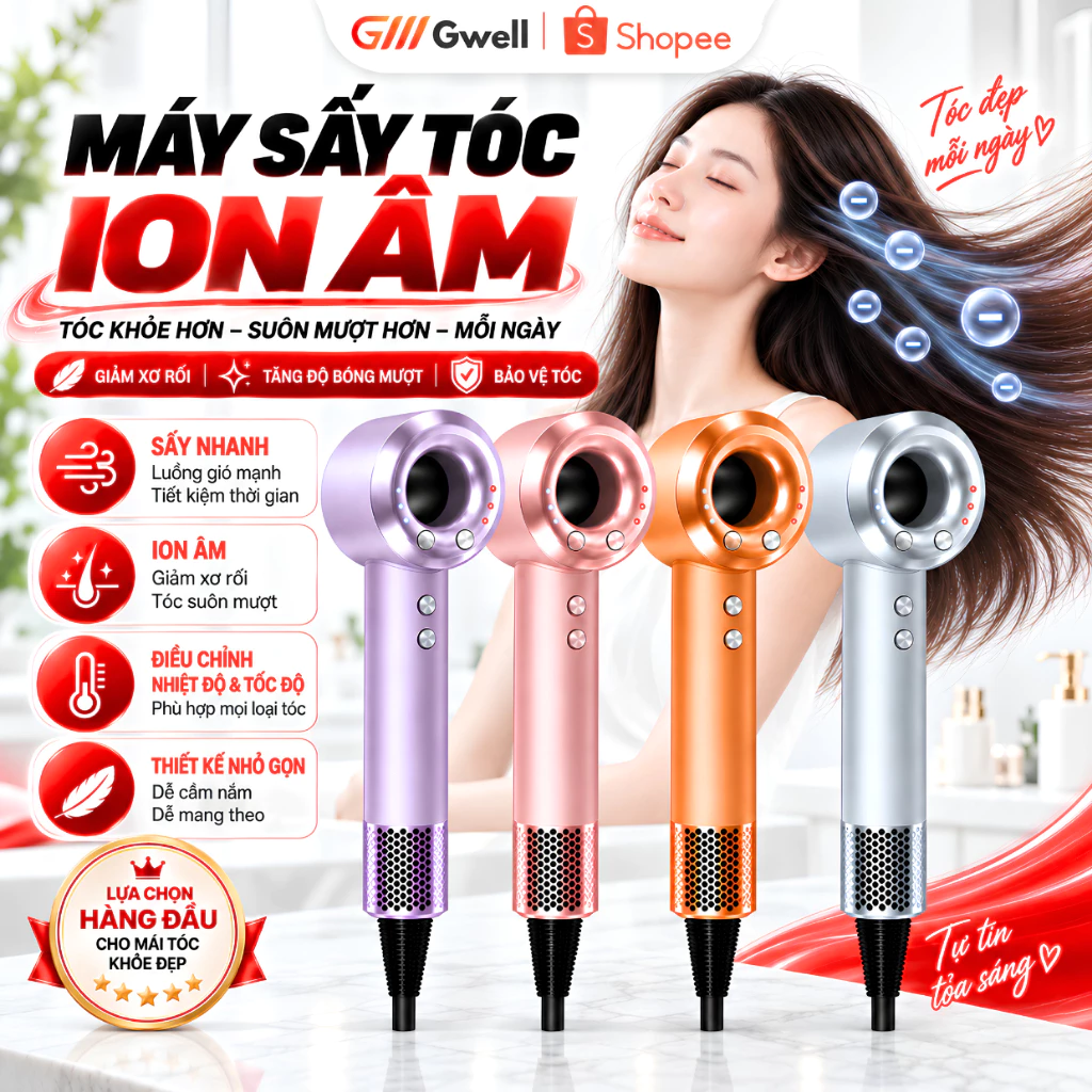 Máy Sấy Tóc Ion Âm Cao Cấp 3 Mức Gió 3 Chế Độ Nhiệt Sấy Nhanh Chống Xơ Rối Kèm Đầu Hút Từ Tính