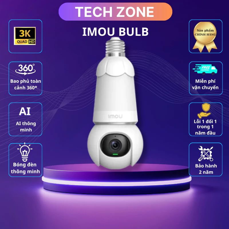 Camera WIFI bóng đèn IMOU Bulb Cam 3K-5MP, xoay 360, đàm thoại 2 chiều, cảnh báo còi hú, ban đêm có màu