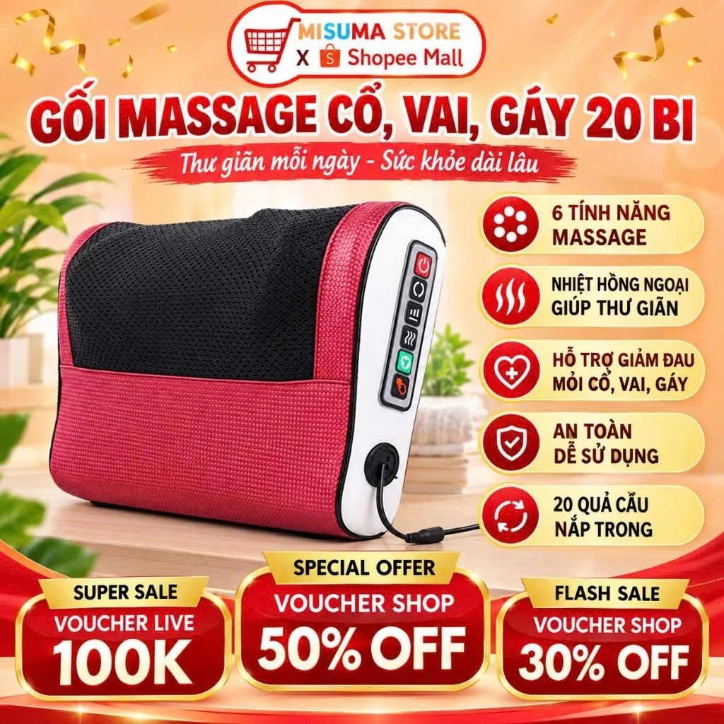 Gối Massage Cổ Vai Gáy Máy Massage Hồng Ngoại 20 Bi Cao Cấp Hỗ Trợ Mát Xa Toàn Thân Hiệu Quả