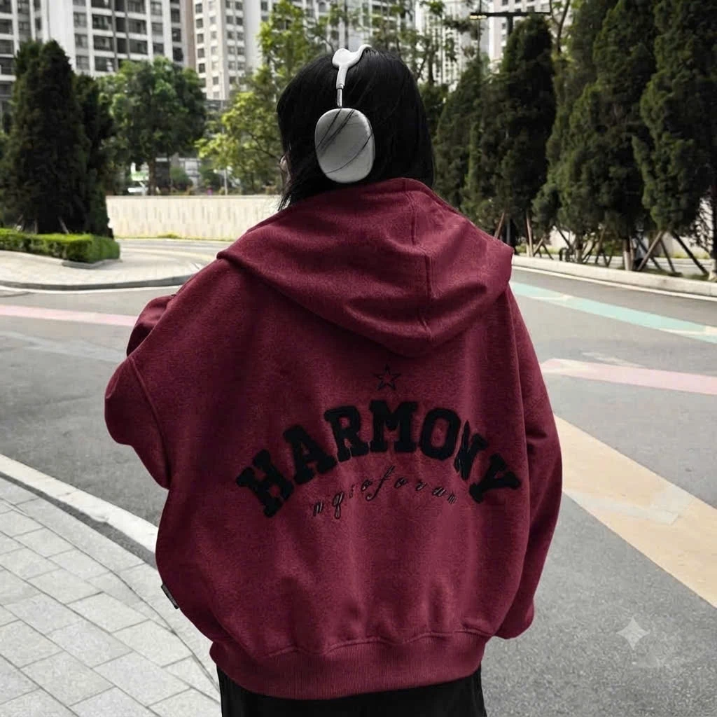 Áo HOODIES ZIP Có Mũ To Vải Nỉ Bông Nam Nữ HARMONY Đỏ Form BOXY BASIC Vải Mịn Dày Mã Độc Trên Sàn