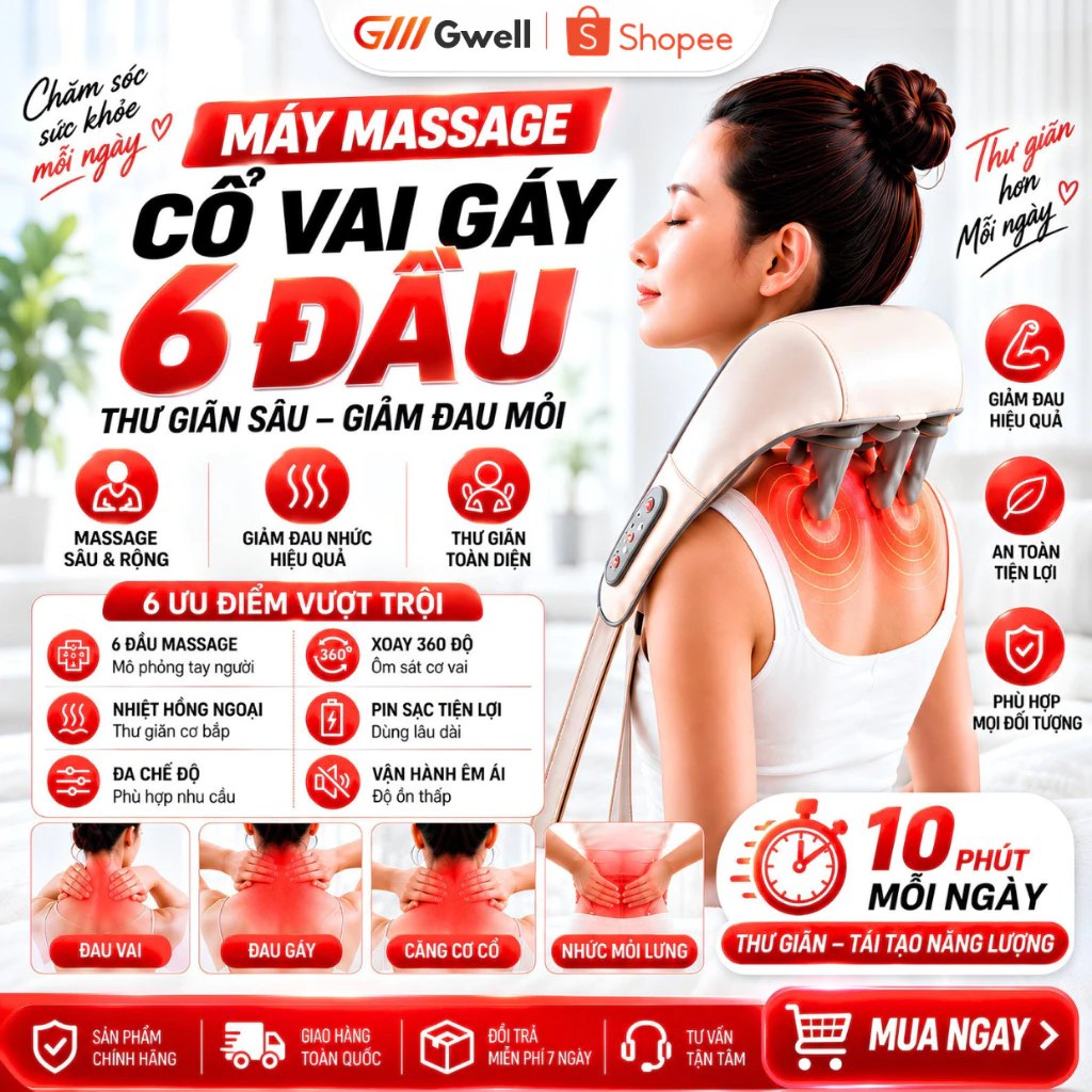 Máy Massage Cổ Vai Gáy 6D Giảm Đau Mỏi Vai Gáy Hỗ Trợ Giãn Cơ Sâu Cho Dân Văn Phòng, Người Lớn Tuổi