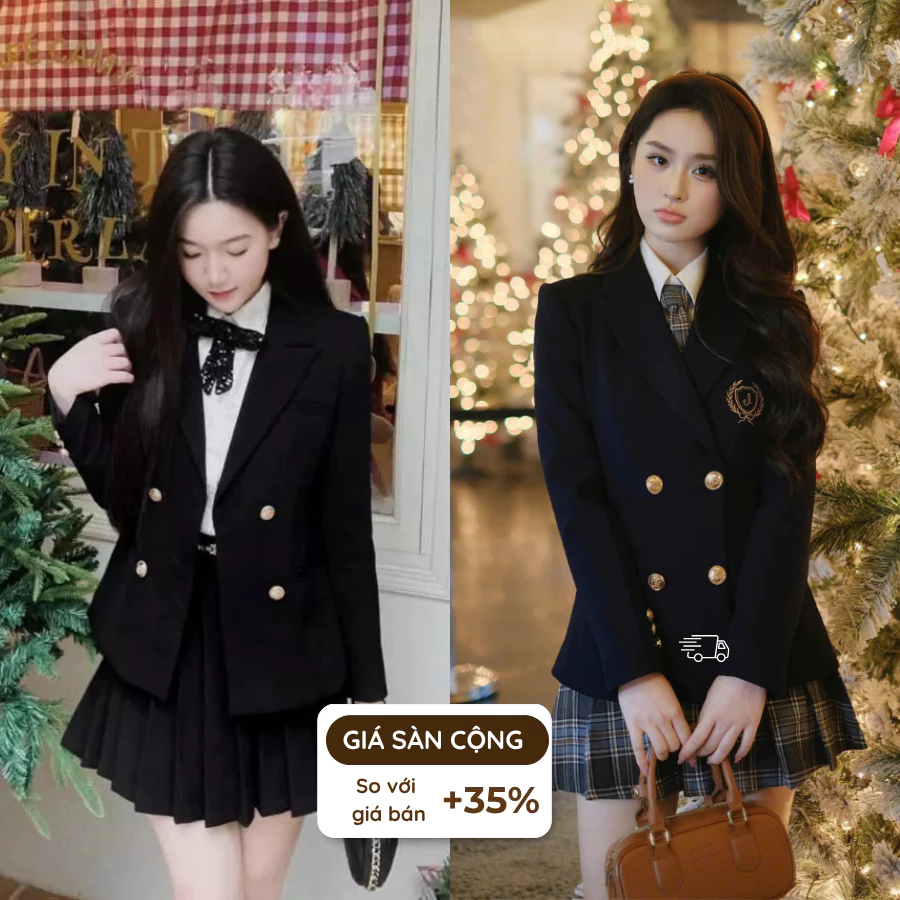 [JULETBYGIANG] Set áo khoác vest blazer nữ đen Kara Juletbygiang dài tay 2 lớp có đệm vai và chân váy