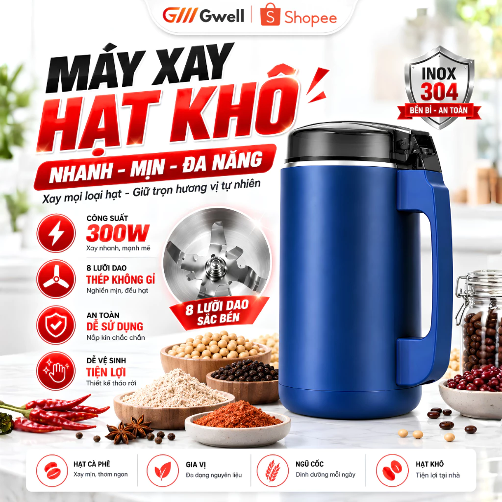 [NNN] Máy Xay Hạt Khô Cầm Tay Đa Năng 300W 8 Lưỡi Xay Nhanh Cà Phê Ngũ Cốc Các Loại Hạt Và Đồ Khô Tiện Lợi