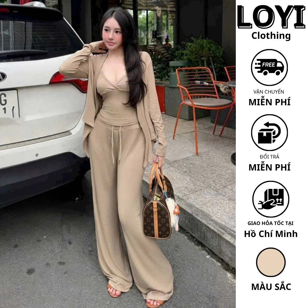 [Hỏa Tốc] Set Nữ 3 Món Áo Hai Dây + Cardigan + Quần Suông Ống Rộng Phong Cách Nữ Tính Thanh Lịch