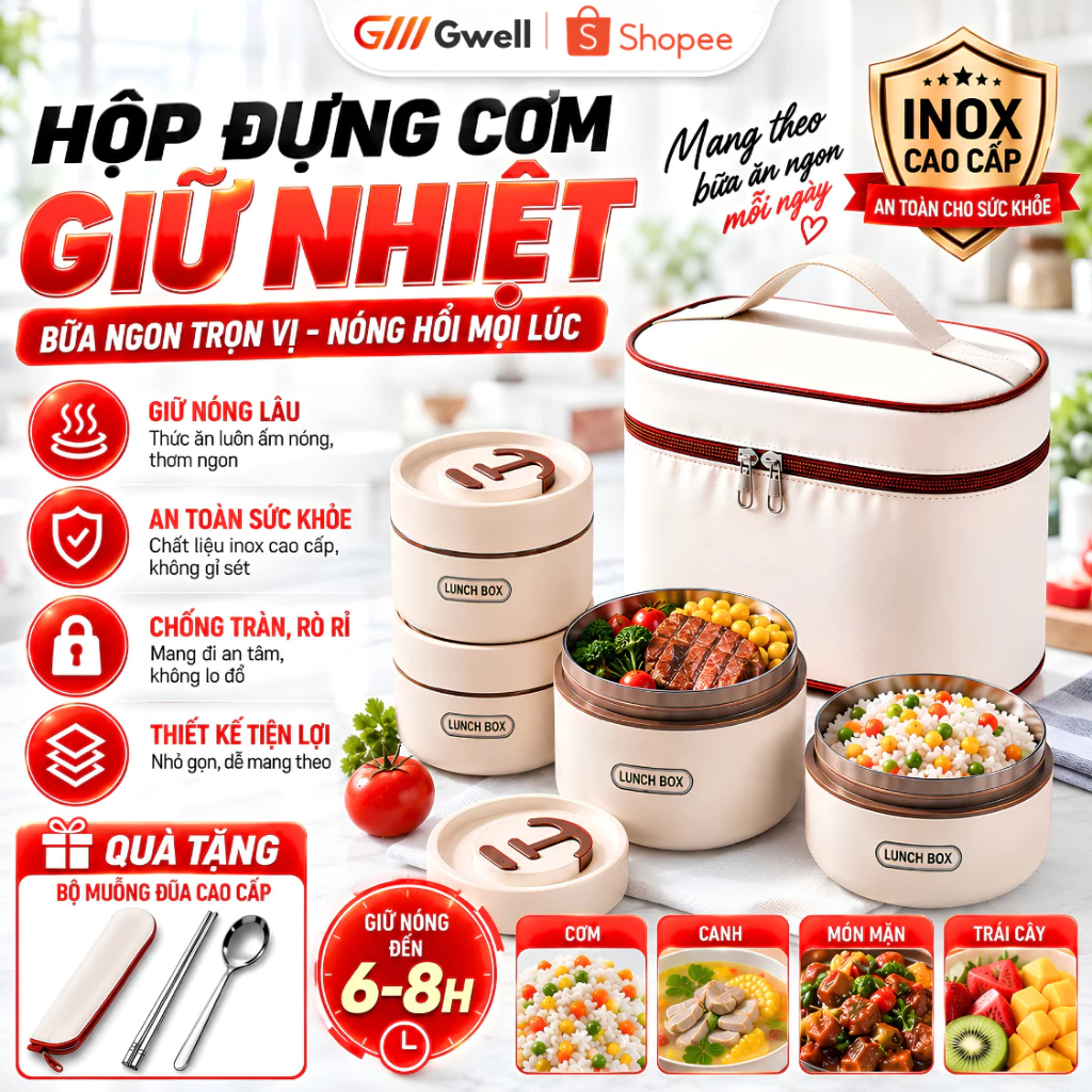 Hộp Đựng Cơm Giữ Nhiệt, Hộp Cơm Trưa Văn Phòng Cách Nhiệt 3,4 Tầng, Thép Không Gỉ Cao Cấp Tiện Lợi