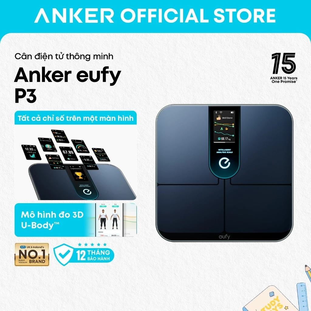 Cân thông minh Anker eufy P3, phân tích 16 chỉ số cơ thể, hỗ trợ app, mô hình cơ thể 3D trực quan