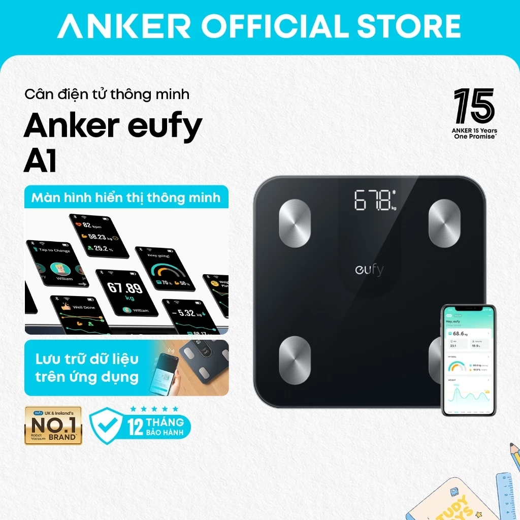Anker eufy Smart Scale A1, Cân Sức Khỏe Thông Minh Bluetooth, 12 Chỉ Số: Cân Nặng, Mỡ Cơ Thể, BMI, Phân Tích Thể Trạng