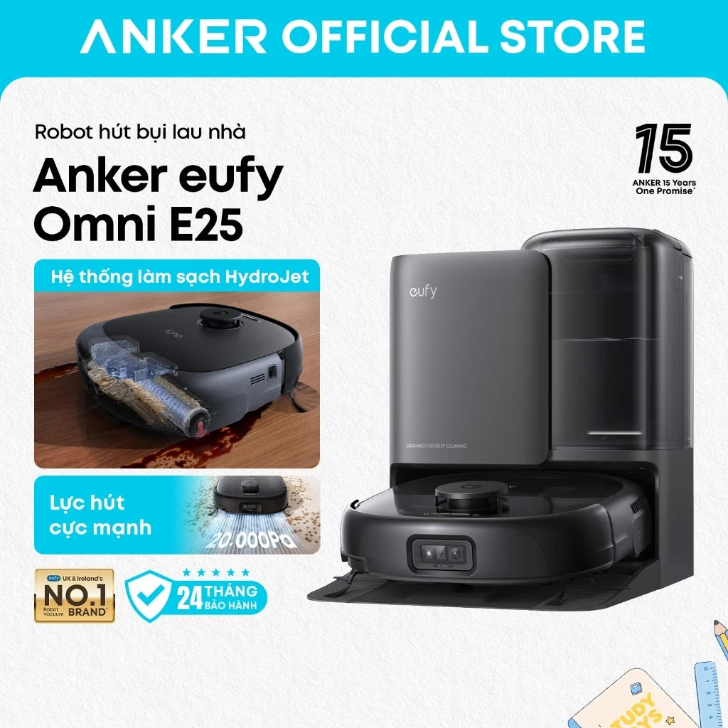 Robot hút bụi lau nhà Anker eufy Omni E25, lực hút 20.000Pa, con lăn lau tự làm sạch liên tục, chổi quét thò thụt