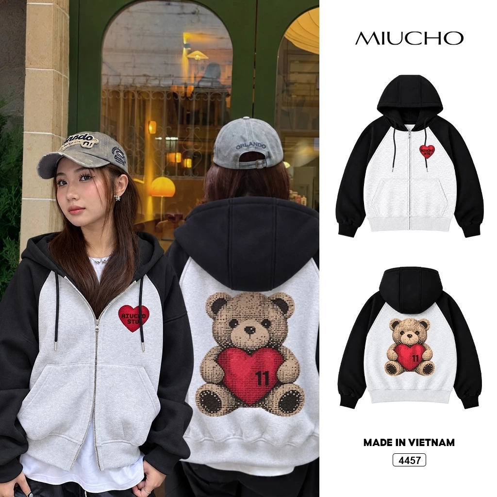 Áo hoodie zip oversize Miucho BST gấu teddy nỉ 2 da cao cấp dày dặn thoáng mát Hàn Quốc