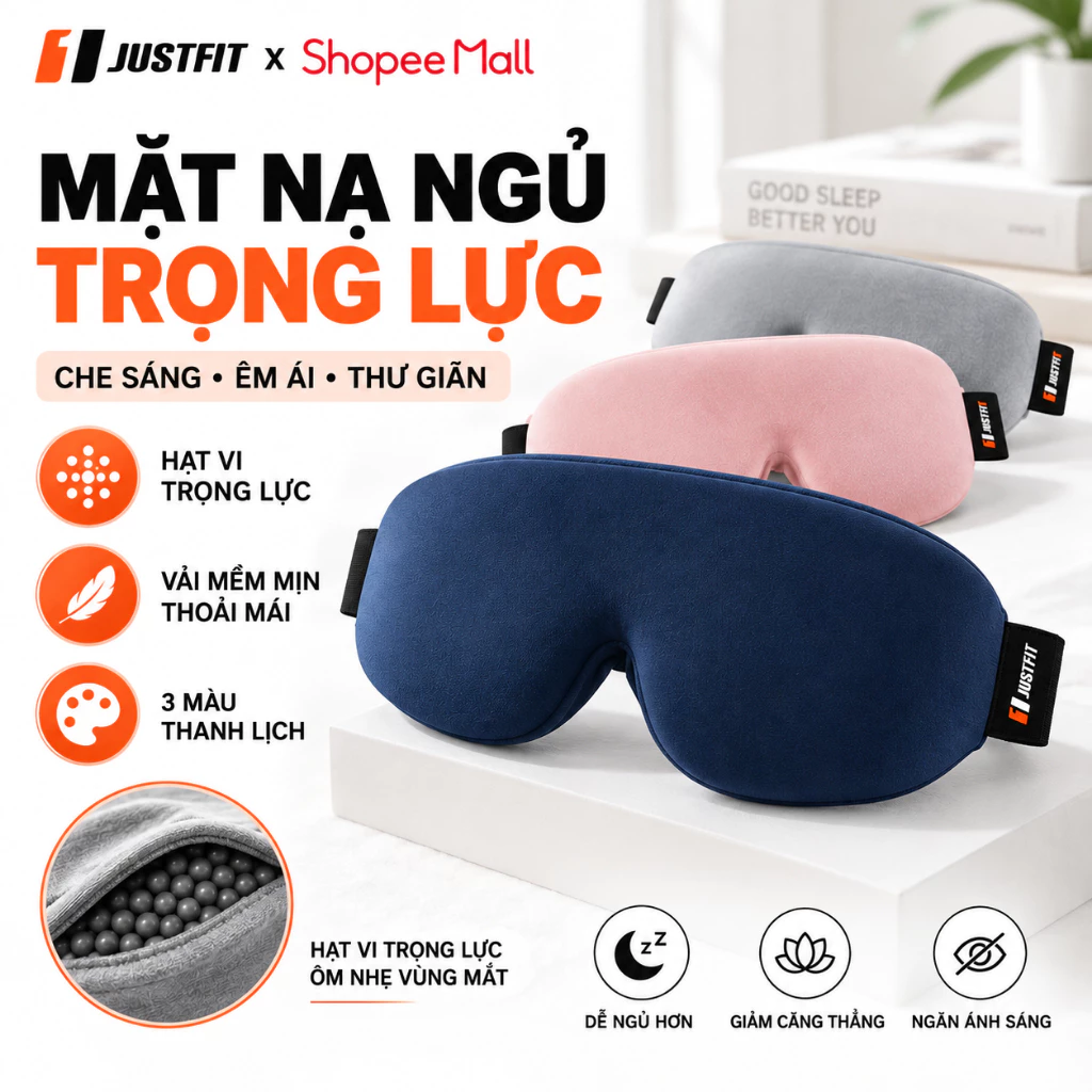 Mặt Nạ Ngủ Trọng Lực JUSTFIT 271g Che Sáng, Lụa Mát Lụa Sữa Mềm Mịn, Bịt Mắt Ngủ Thư Giãn Có Hạt Trọng Lực