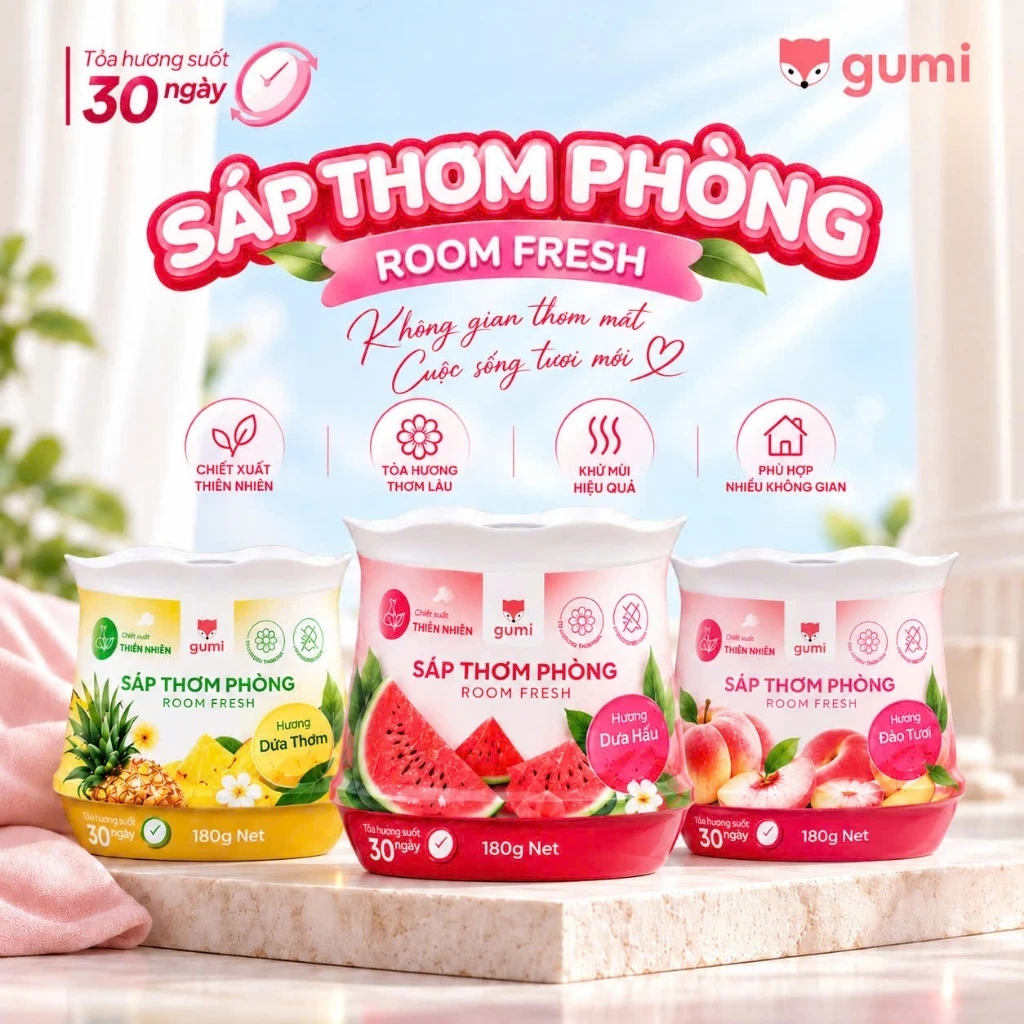 Sáp Thơm Phòng GUMI 180G Hương Đào, Dứa, Dưa Hấu, Thơm Dịu Nhẹ, Khử Mùi Không Gian