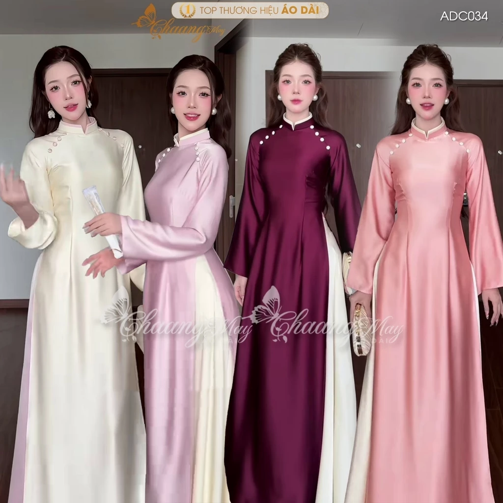 Áo dài Trúc Vy dáng ôm truyền thống phối màu cổ vai Chaang may sẵn áo dài lụa ruby tô châu dự tiệc lễ tết đẹp ADC034
