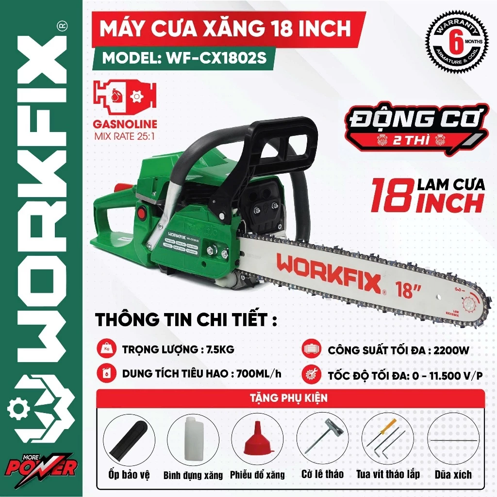 TẶNG 6 MÓN PHỤ KIỆN - Máy cưa xích Workfix WF-CX1802S (2200W - Lam 18") - Động cơ 2 thì cắt gỗ siêu khỏe