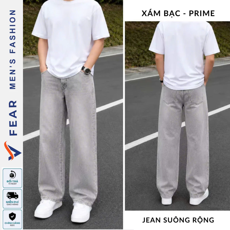 Quần Bò Dài Nam Form Suông Rộng Màu Xám Bạc Prime Chất Jean Mềm Phong Cách Retro Menwear JeanSKTman