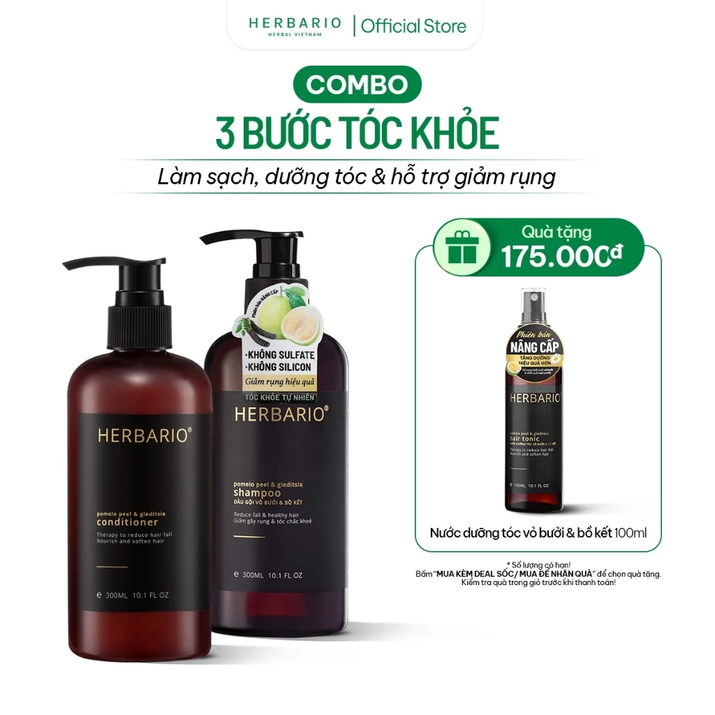 Bộ đôi dầu gội 300ml và dầu xả 300ml vỏ bưởi, bồ kết herbario TẶNG xịt dưỡng herbario 100ml