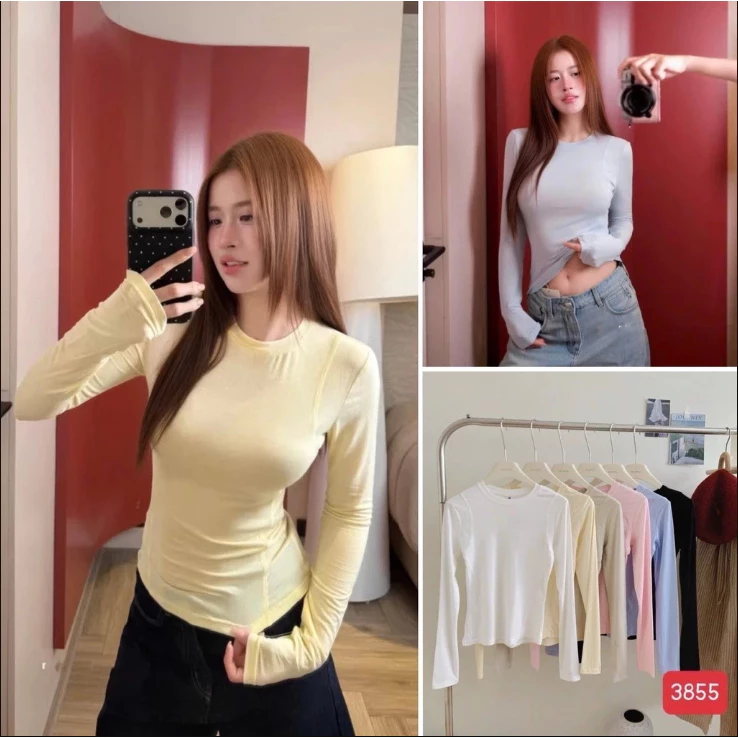 Áo Thun Gân Nữ Dài Tay Trơn Basic Nhiều Màu, Áo Thun Gân Nổi Ôm Dáng Dễ Phối Đồ Ruby Store