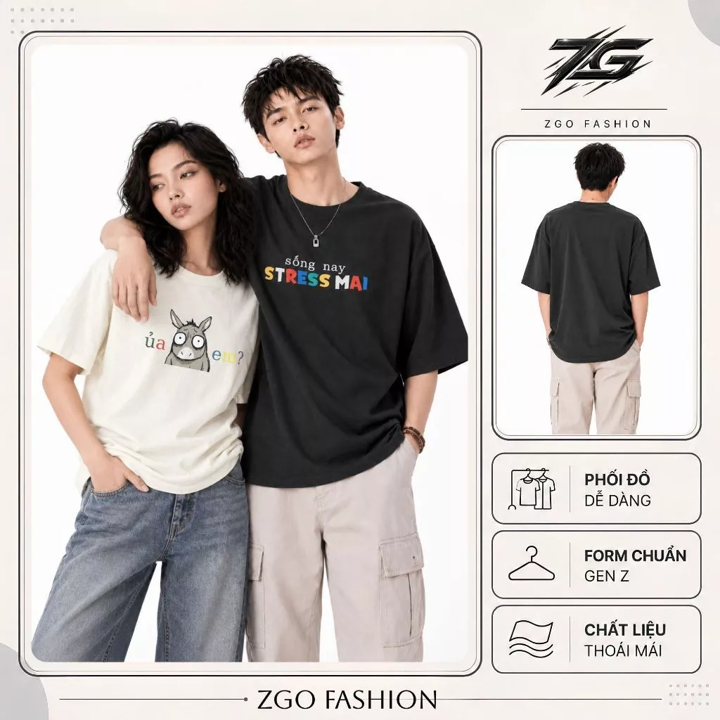 Áo thun unisex form rộng tay lỡ ZGO áo phông nam nữ in hình chất vải cotton co giãn 2 chiều  AZG17