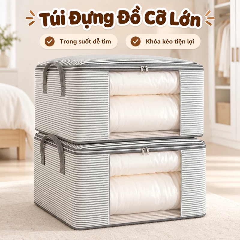 Túi Đựng Đồ Gấp Gọn Vải Không Dệt ECO, Túi Đựng Chăn Màn, Quần Áo Chống Bụi Có Khóa Kéo Tiện Lợi
