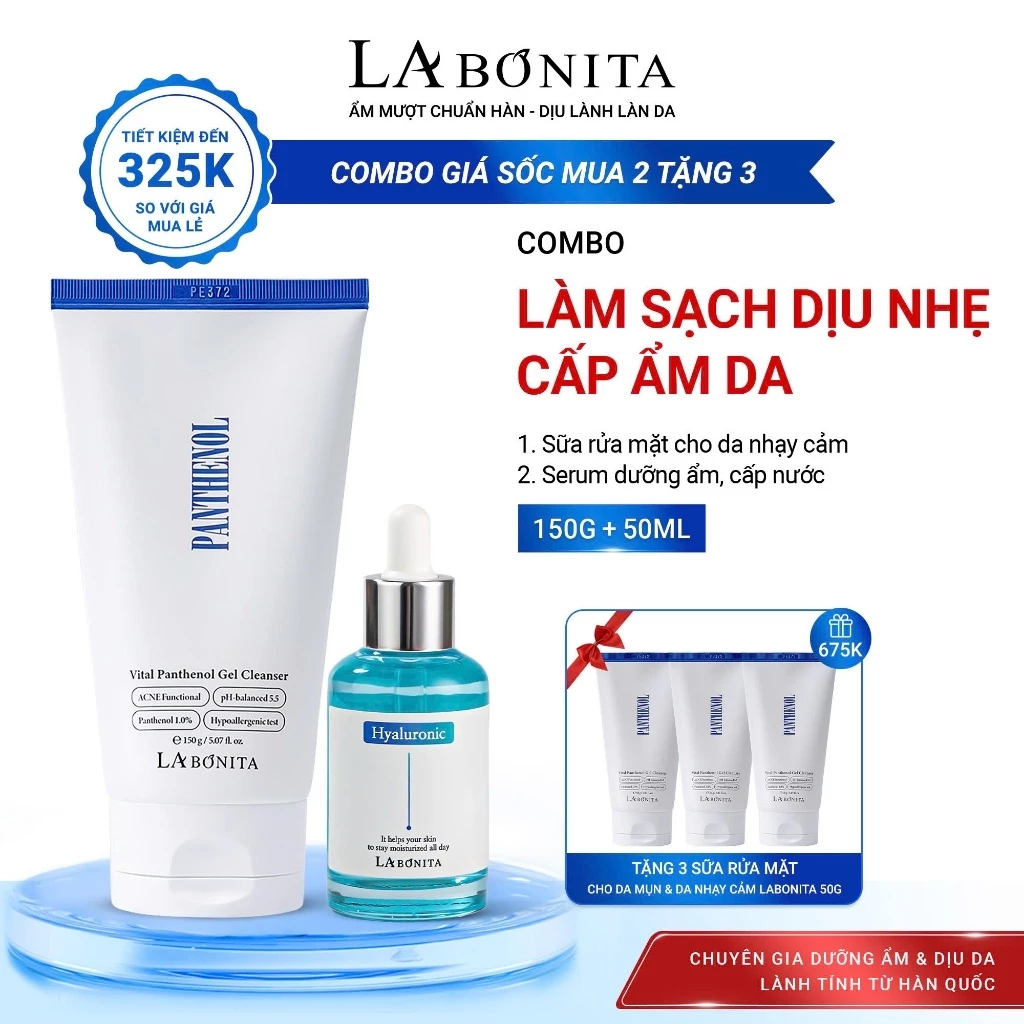 [Tặng 3 SRM B5 50g] COMBO LÀM SẠCH DỊU NHẸ - CẤP ẨM DA Serum HA & Sữa Rửa Mặt Dịu Nhẹ Cho Da Mụn Nhạy Cảm pH 5.5 150g