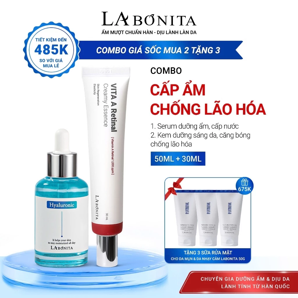[Tặng 3 SRM B5 50g] COMBO CẤP ẨM CHỐNG LÃO HÓA DA Serum HA & Kem Dưỡng La Bonita Vita A Retinal Creamy Essence 30ml