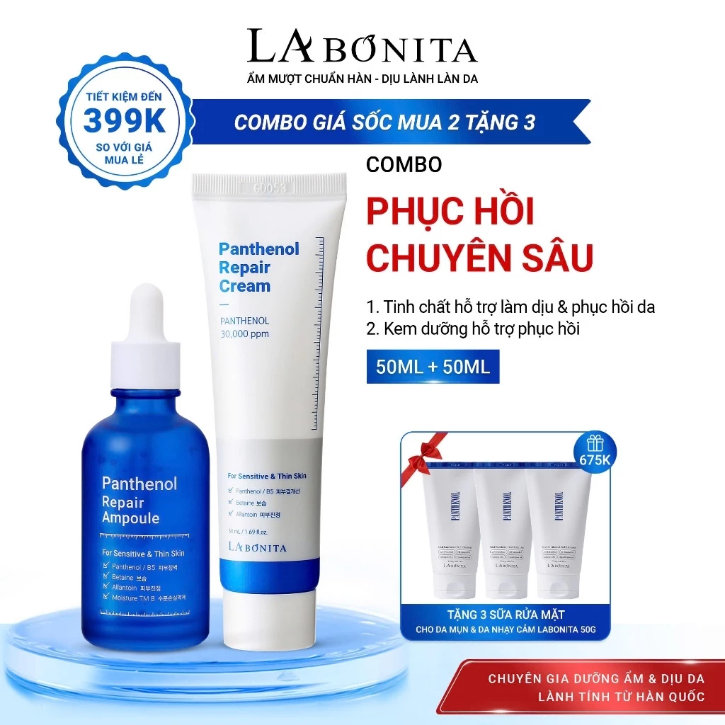 [Tặng 3 SRM B5 50g] COMBO PHỤC HỒI CHUYÊN SÂU - Ampoule B5 & Kem dưỡng LaBonita Vital Panthenol Repair 50ml