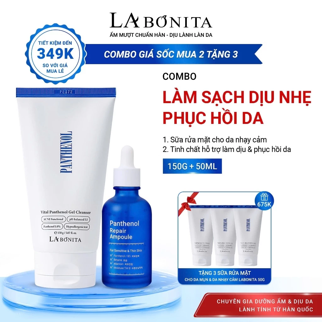 [Tặng 3 SRM B5 50g] COMBO LÀM SẠCH DỊU NHẸ-PHỤC HỒI DA Ampoule B5 & Sữa Rửa Mặt Dịu Nhẹ Cho Da Mụn Nhạy Cảm pH 5.5 150g
