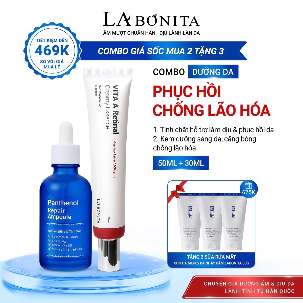 [Tặng 3 SRM B5 50g] COMBO PHỤC HỒI CHỐNG LÃO HÓA DA Ampoule B5 & Kem Dưỡng La Bonita Vita A Retinal Creamy Essence 30ml