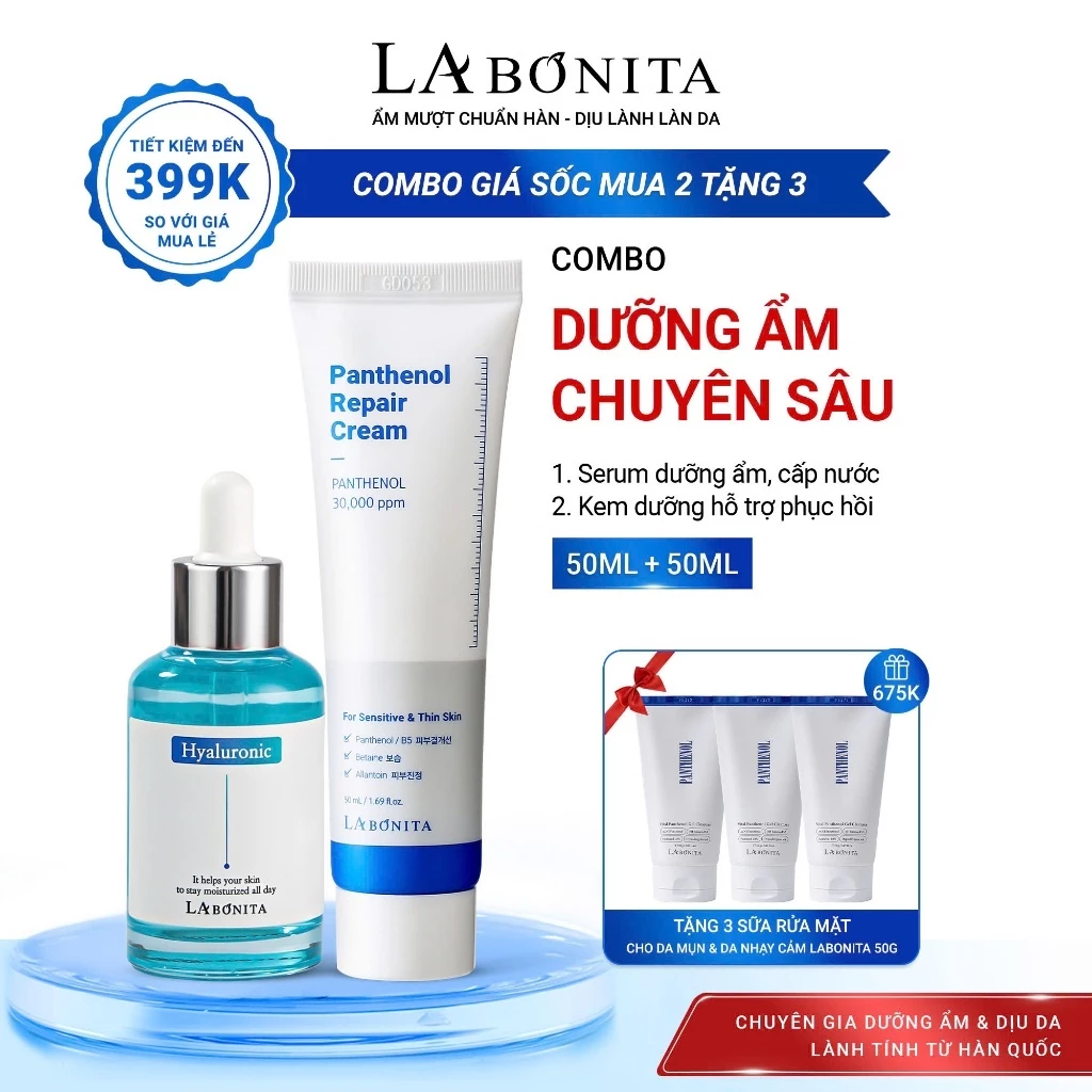[Tặng 3 SRM B5 50g] COMBO DƯỠNG ẨM CHUYÊN SÂU - SERUM HA & Kem dưỡng LaBonita Vital Panthenol Repair 50ml