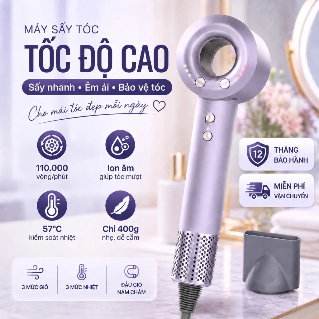 Máy Sấy Tóc Ion Âm Màu Tím, Công Suất 1400W, 3 Mức Nhiệt 3 Tốc Độ Gió, NTC Kiểm Soát Nhiệt, Nhẹ Gọn