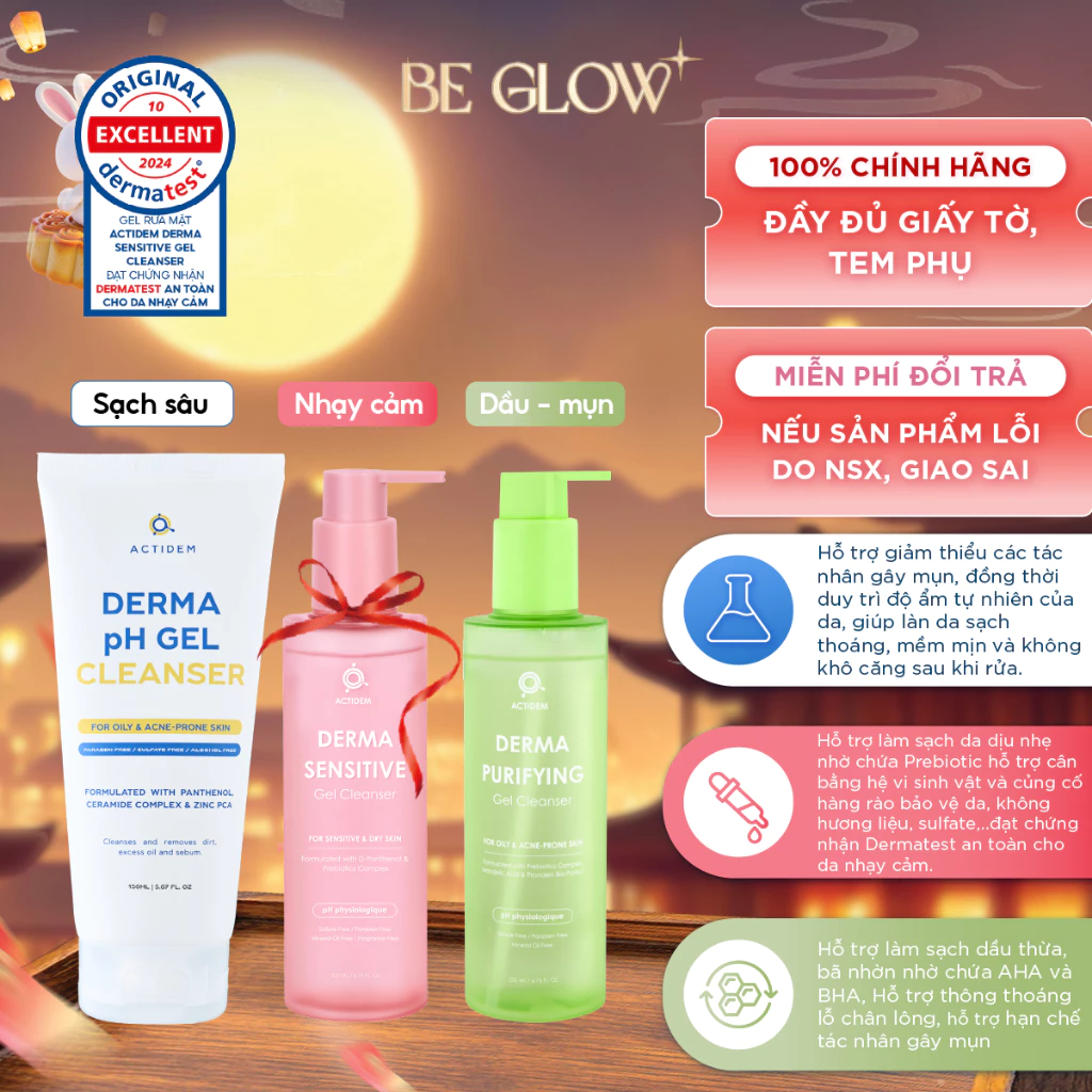 Gel rửa mặt cho da dầu mụn, hỗn hợp, khô nhạy cảm Actidem Derma pH Gel Cleanser 150ml/200ml